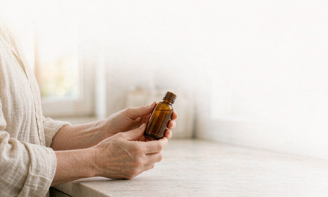 Hands of a woman in her fifties holding a small amber glass bottle at a pale counter in soft daylight