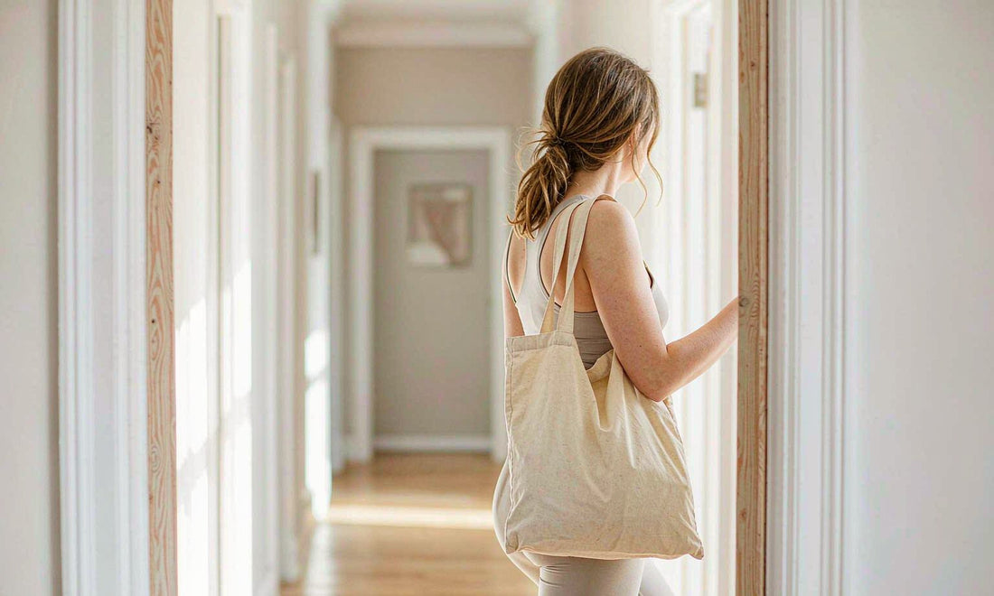 Western woman with a canvas gym tote leaving through a sunlit doorway, representing daily creatine for women