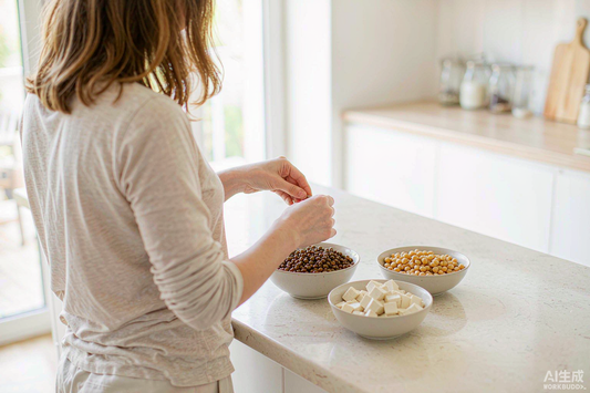 Woman preparing bowls of lentils, chickpeas and tofu in a bright kitchen, plant based protein ingredients