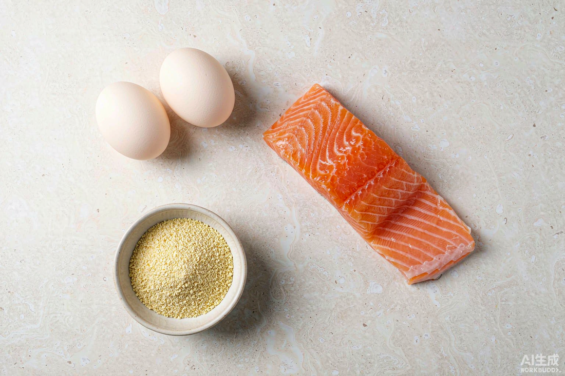 Eggs, salmon fillet and nutritional yeast on a stone counter, foods naturally rich in vitamin B12