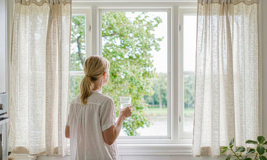 Person with blonde hair seen from behind holding a glass of water by a bright kitchen window