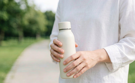 Relaxed hands holding a reusable water bottle after an easy outdoor walk on a soft green park path