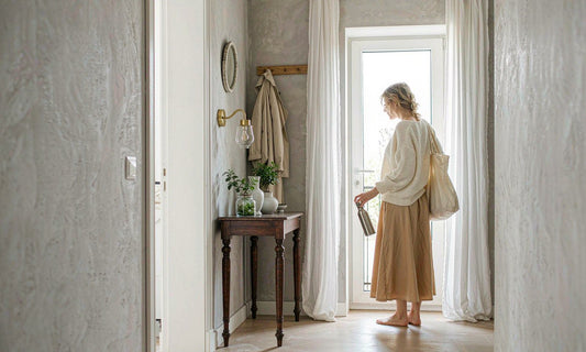 Woman in a bright entryway with canvas tote and water bottle, seen from behind