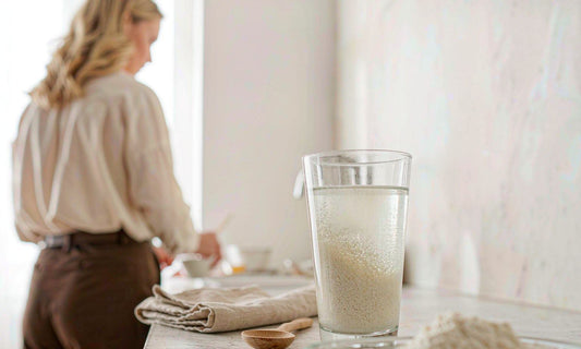A glass of water with pale powder dissolving on a stone counter, a woman seen from behind nearby