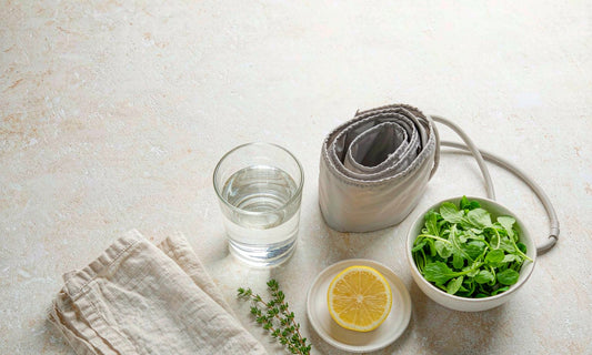 Overhead flat lay of a blood pressure cuff with leafy greens, lemon and a glass of water