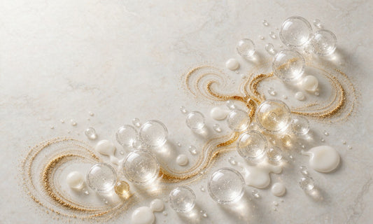 Translucent glass spheres and botanical extract droplets arranged on pale stone