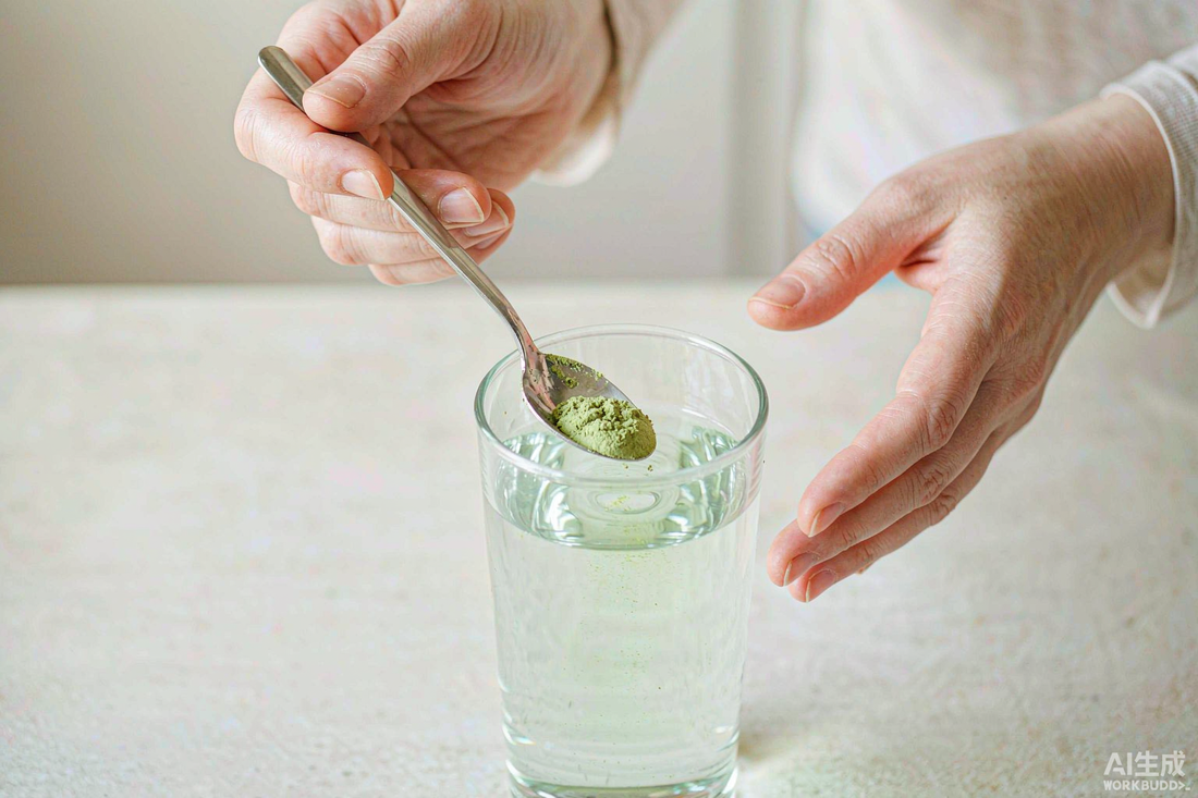 Hands stirring a spoonful of green powder into a glass of water on a pale kitchen counter