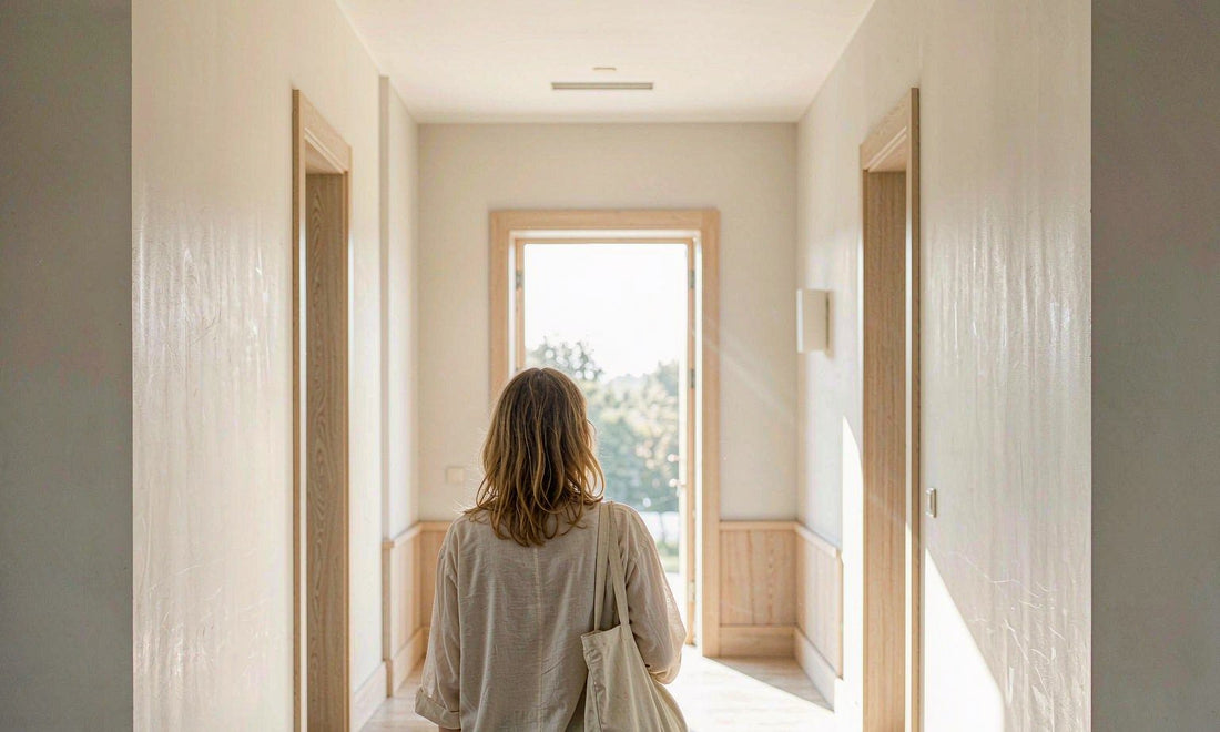 A light brown haired woman seen from behind walking through a sunlit hallway toward an open doorway.
