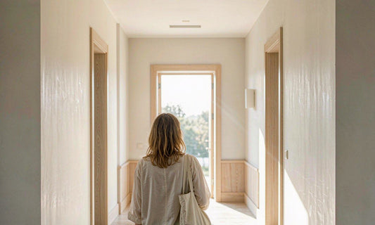 A light brown haired woman seen from behind walking through a sunlit hallway toward an open doorway.