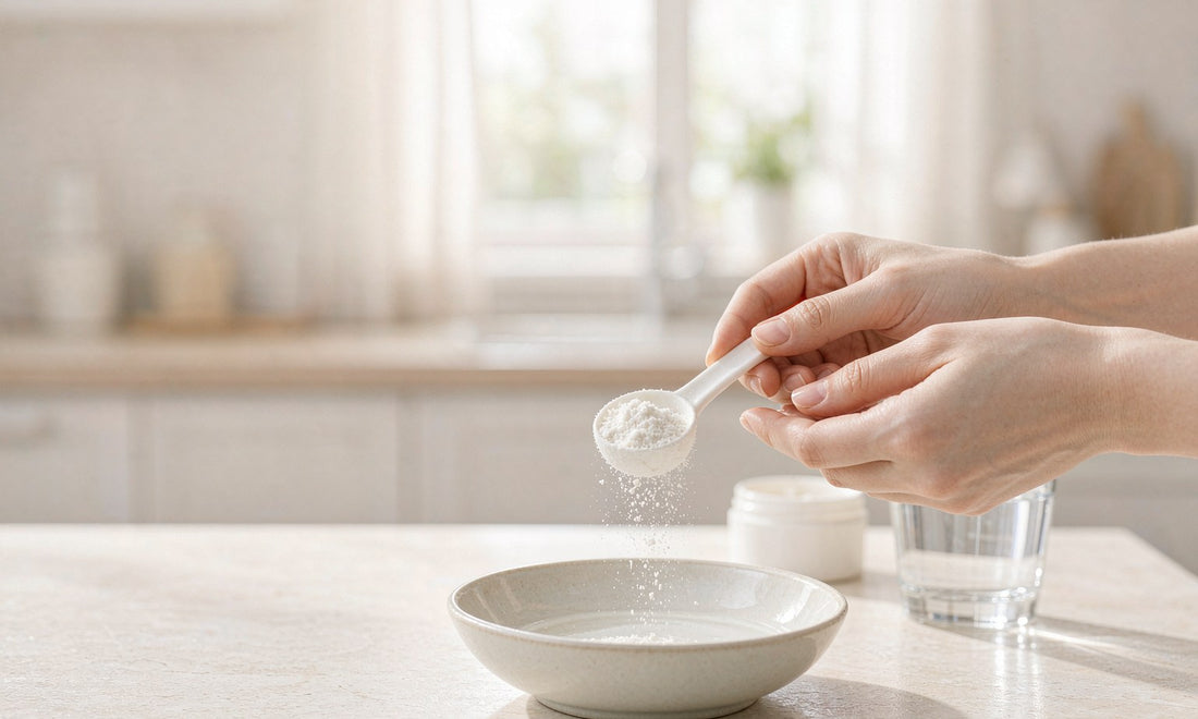 Hands scooping white amino acid powder into a ceramic bowl on a sunlit kitchen counter