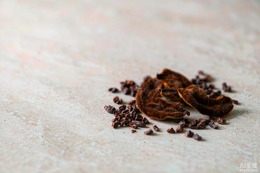 Macro close-up of velvety mucuna seed pods and cocoa nibs on pale stone, showing natural dopamine precursor texture