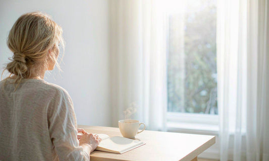 Woman seen from behind at a sunlit desk with a notebook and warm mug, calm focus