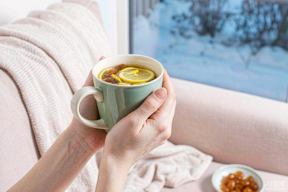 Caucasian hands with fair light skin holding a warm herbal tea mug with lemon, cozy winter wellness moment