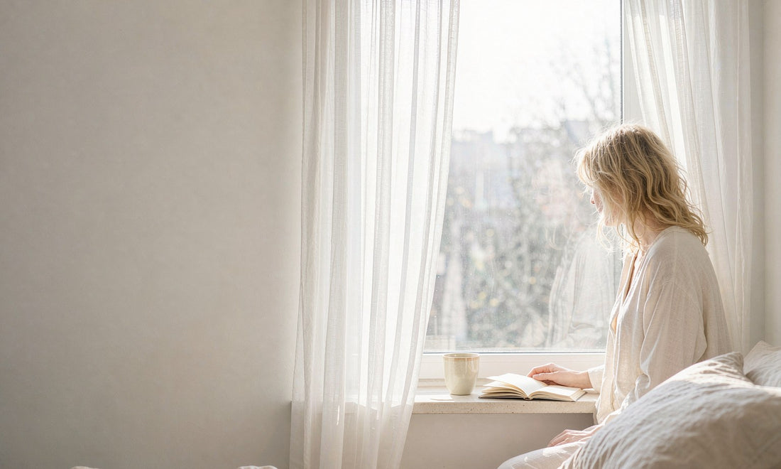 A softly out-of-focus blonde woman seated by a sunlit window reading a journal, head turned away.