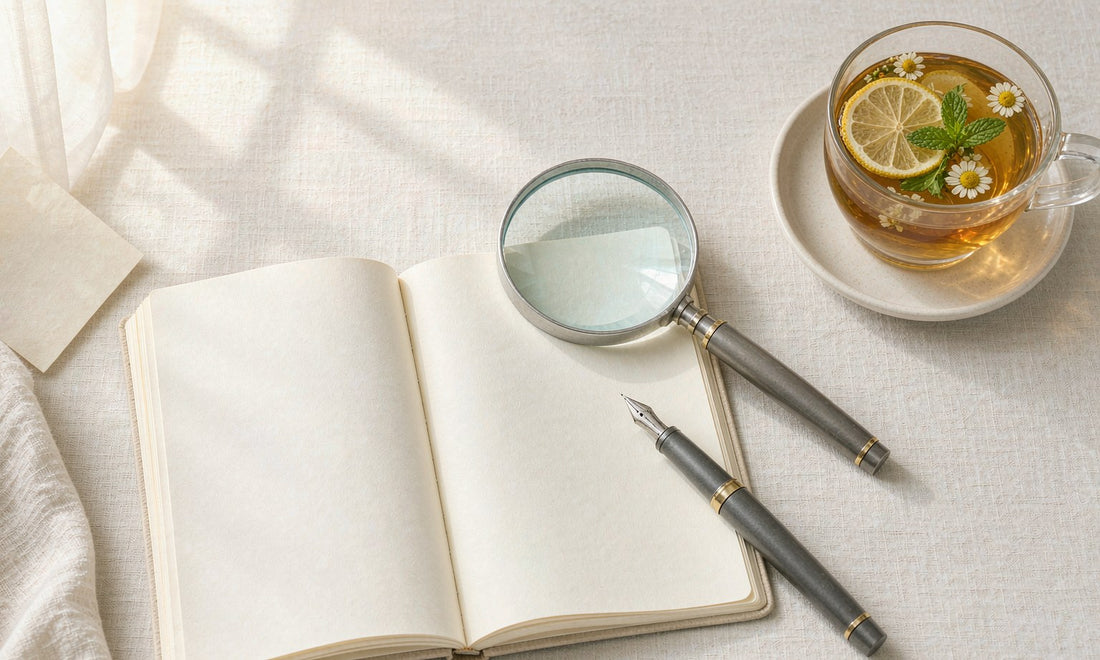 Open notebook with a magnifying glass and pen on a pale desk, an evidence based fact check.