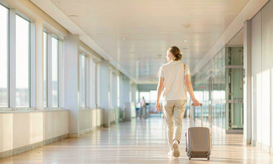 A traveler seen from behind pulling a rolling suitcase through a sunlit airport corridor in the morning