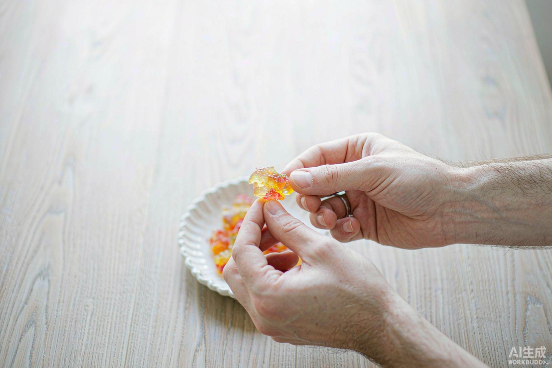 Pair of fair light skin hands holding a fruit gummy above a small white ceramic dish