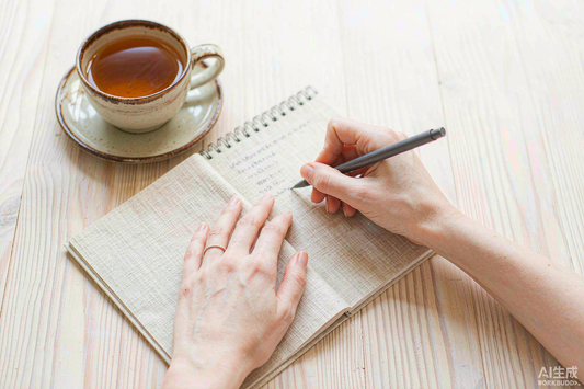 Hands writing in a linen notebook beside a warm mug of tea during a quiet morning journaling ritual