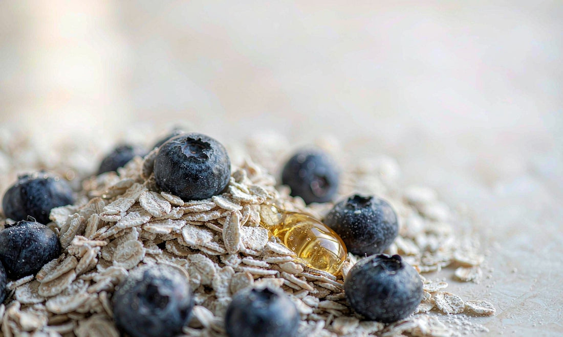 Macro close-up of steel-cut oats, blueberries and a drop of honey with soft depth of field