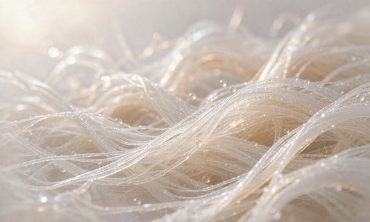 Macro close-up of pale translucent collagen-like protein filaments with dewdrops
