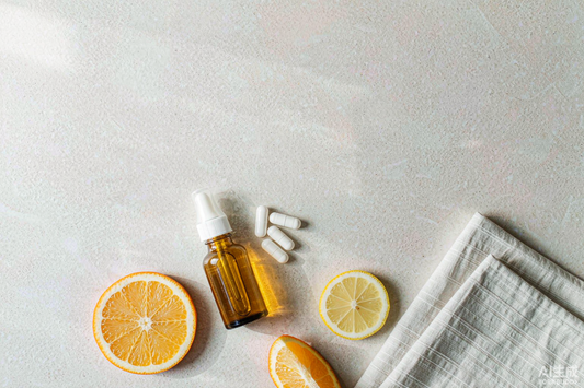 Overhead flat lay of amber dropper bottle, white capsules and fresh citrus slices on light stone