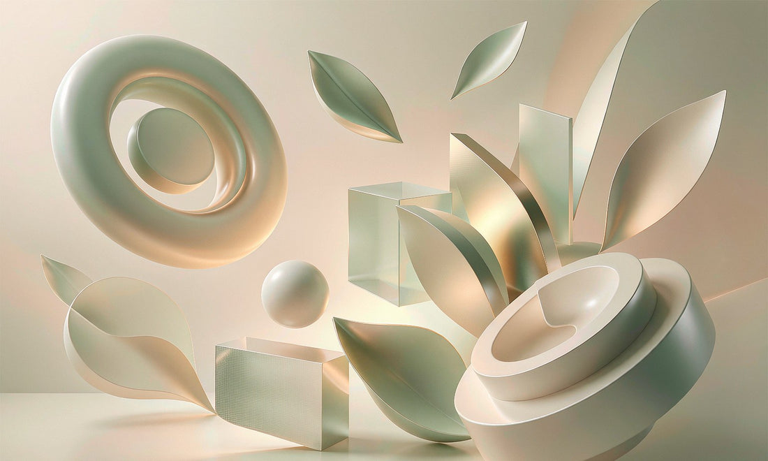 Abstract 3D illustration of sage-green leaves, a soft gold ring and cream forms on a warm sand gradient, representing everyday wellness and gentle vitality