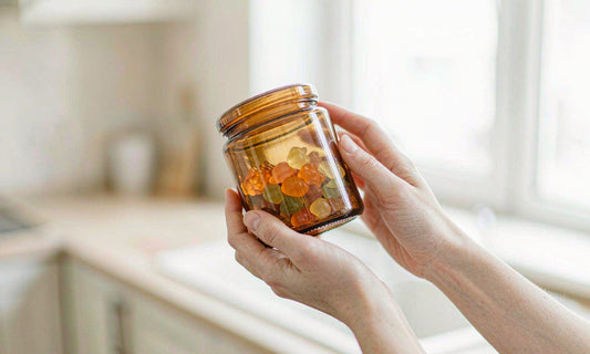Hands holding an unbranded amber jar of gummies toward soft window light in a bright pale kitchen