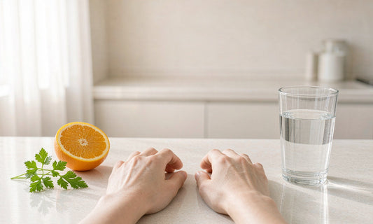 Fair-skinned hands resting on a pale counter beside a halved orange, fresh parsley and a glass of water