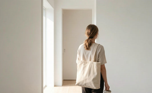 A person seen from behind walking through a bright hallway at dusk carrying a tote bag and a mug