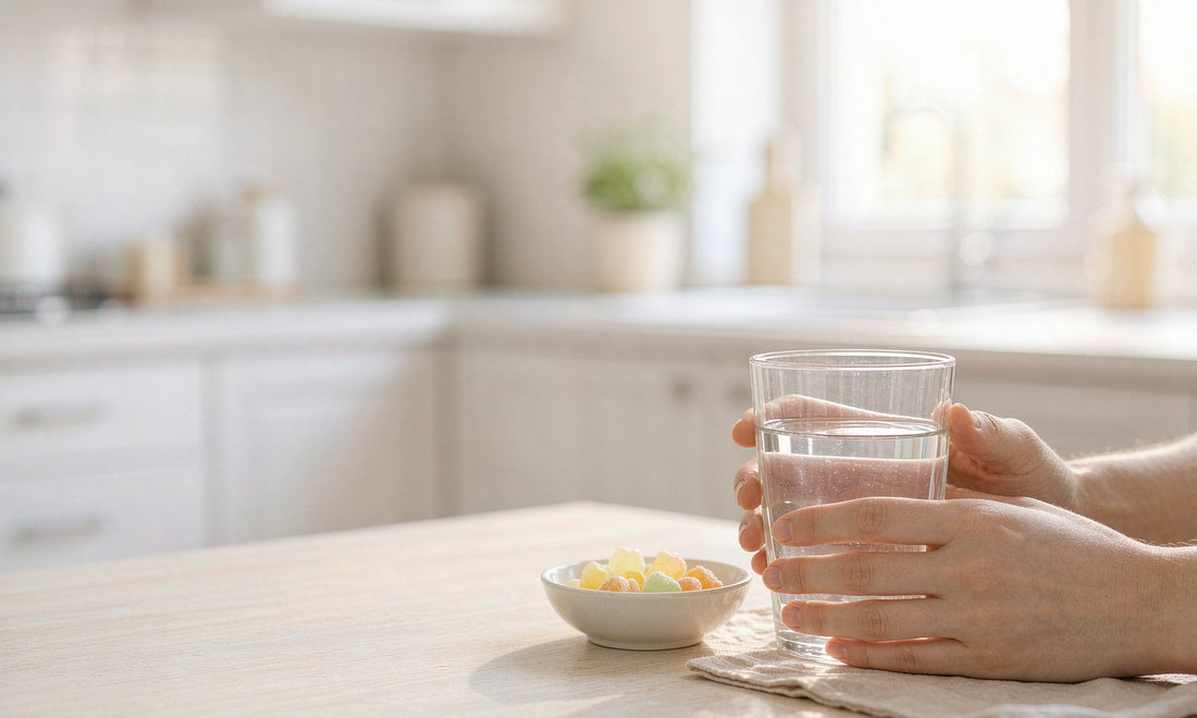 Fair-skinned hands holding a glass of water beside a small bowl of gummies on a sunlit breakfast table