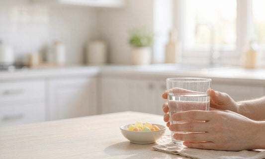 Fair-skinned hands holding a glass of water beside a small bowl of gummies on a sunlit breakfast table
