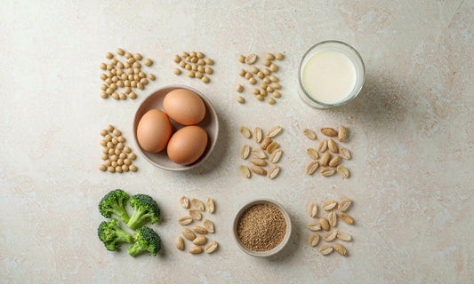 Overhead grid of choline-rich foods with eggs, soybeans, peanuts, broccoli, milk and wheat germ