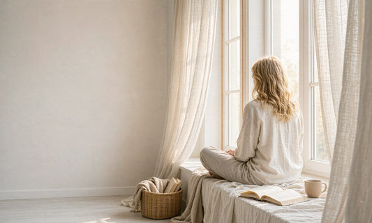 Woman seen from behind seated by a tall sunlit window in a calm minimal home nook with linen throws and a book