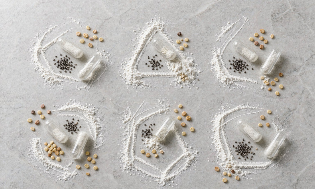 Abstract overhead arrangement of amino acid powder, capsules and seeds in a loose grid on pale stone