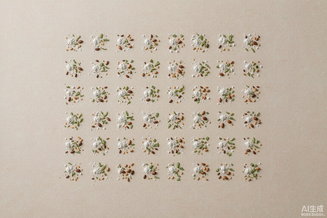 Neat grid of white powder, seeds and dried herb flakes arranged on pale beige paper
