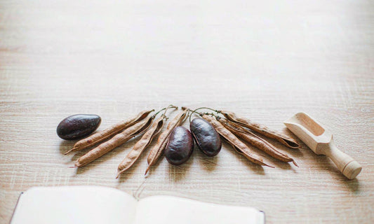 Dried mucuna pruriens pods and velvet beans beside a wooden scoop and open notebook on a warm oak table