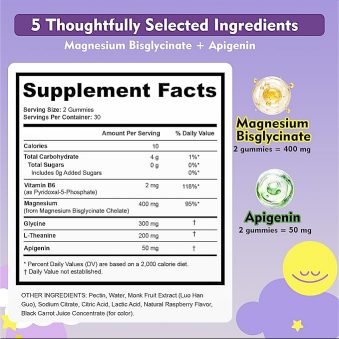 Magnesium Bisglycinate Gummies with Apigenin & B6, Melatonin Free, 60 Ct | Gentle on Stomach, Chelated with Glycine, Night Calm Routine