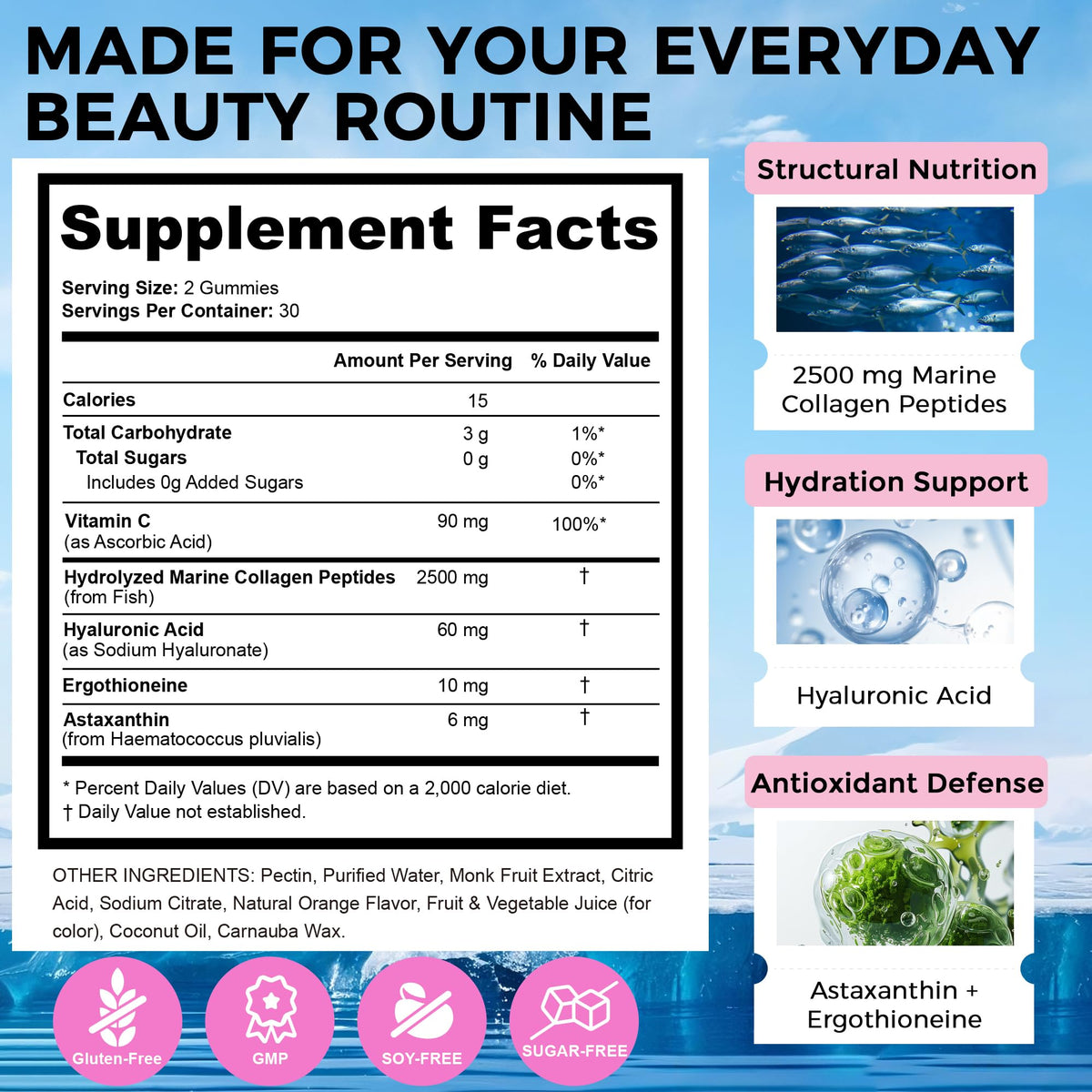 Marine Collagen Peptides Gummies, Ergothioneine, Astaxanthin, 60 Ct