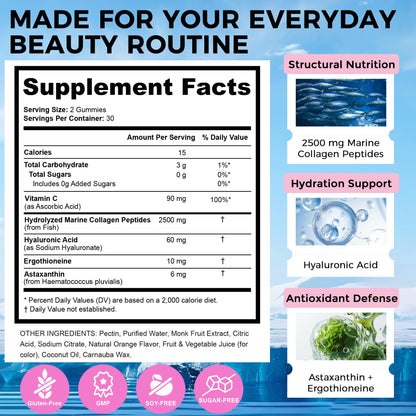 Marine Collagen Peptides Gummies, Ergothioneine, Astaxanthin, 60 Ct