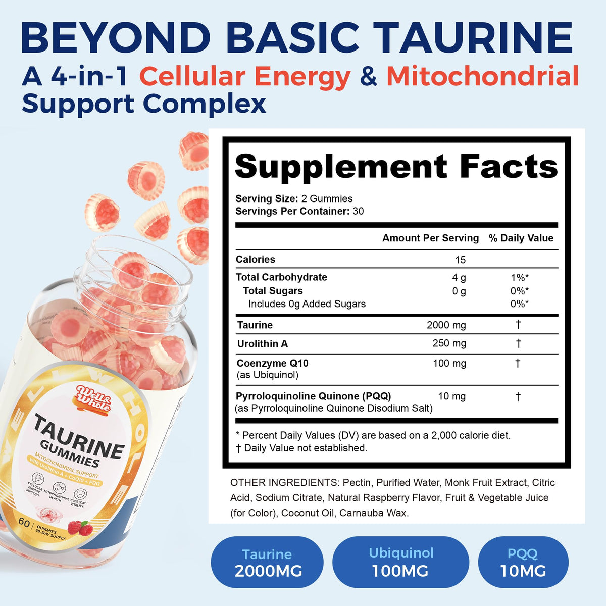 Taurine Gummies with Ubiquinol CoQ10 & PQQ, Sugar Free, 60 Cts