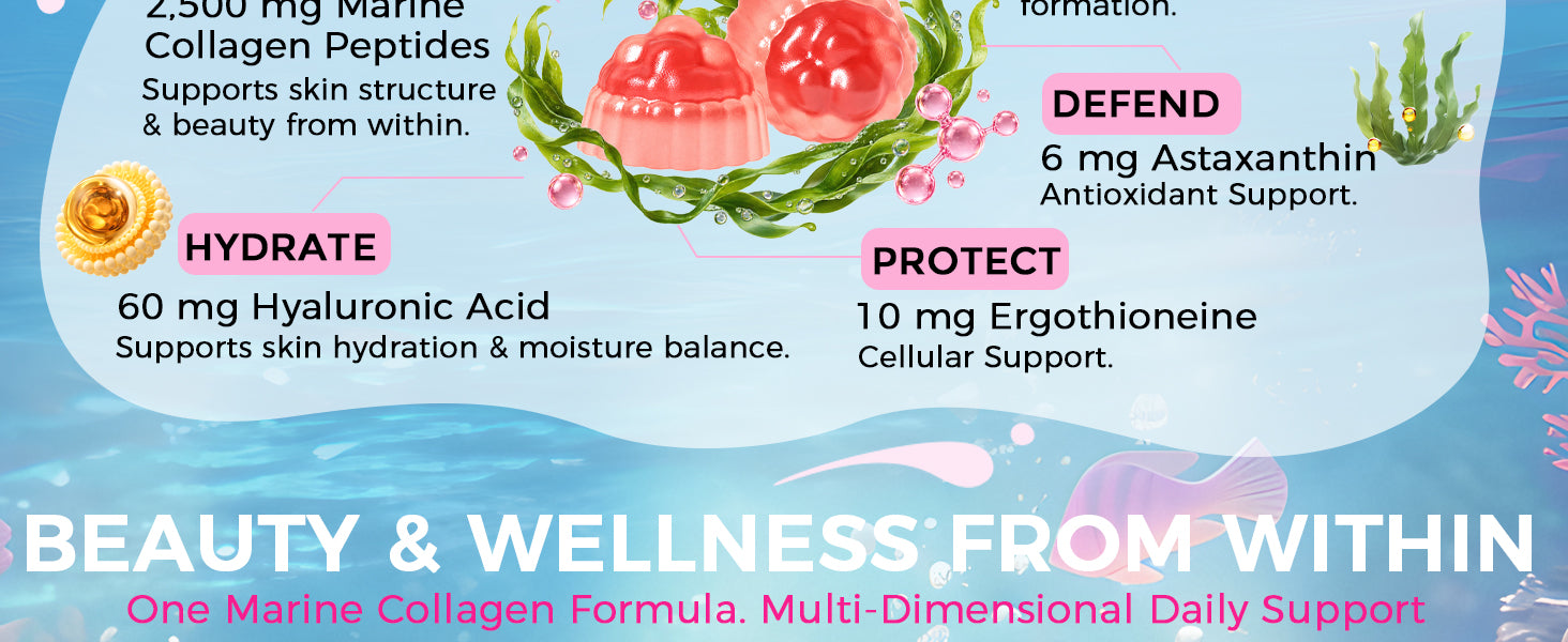 Marine Collagen Peptides Gummies, Ergothioneine, Astaxanthin, 60 Ct product and lifestyle image